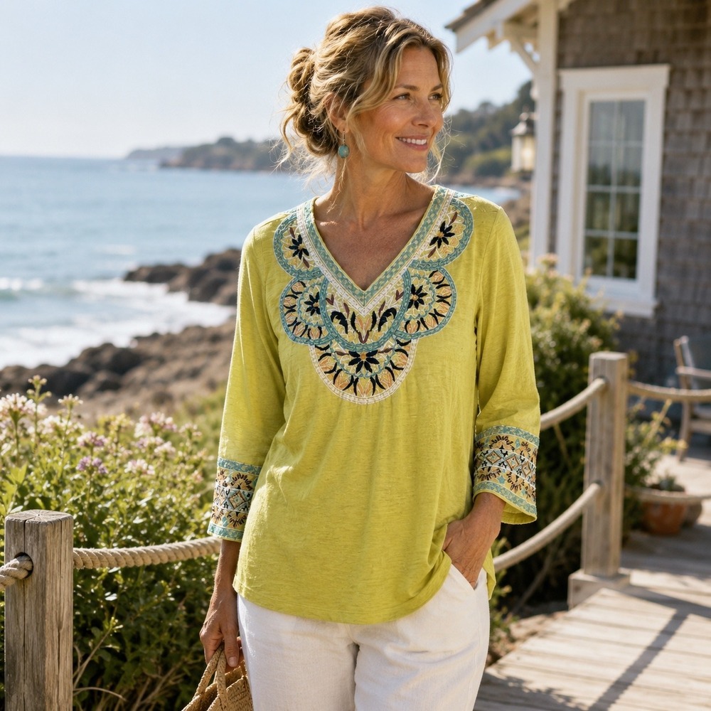 Soft Surroundings Lime Green‎ Embroidered Cotton Slub Knit Tunic Top M 2FC87